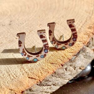 Animal Print Unique Southwestern Western Horseshoe Stud Wood Earrings